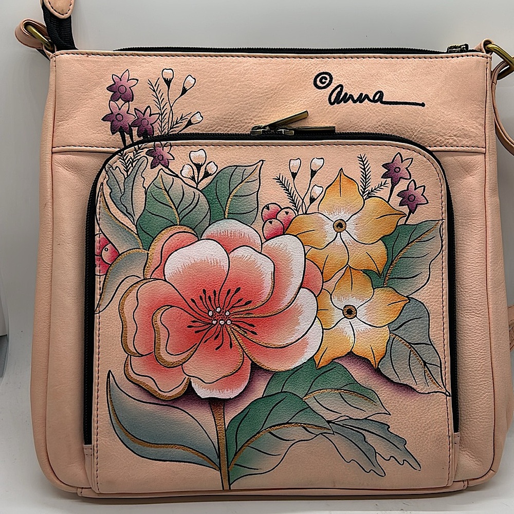 Anna Anuschka Light Pink Hand Painted Floral Leather Crossbody Bag Purse 🌸🌸 - Picture 2 of 9